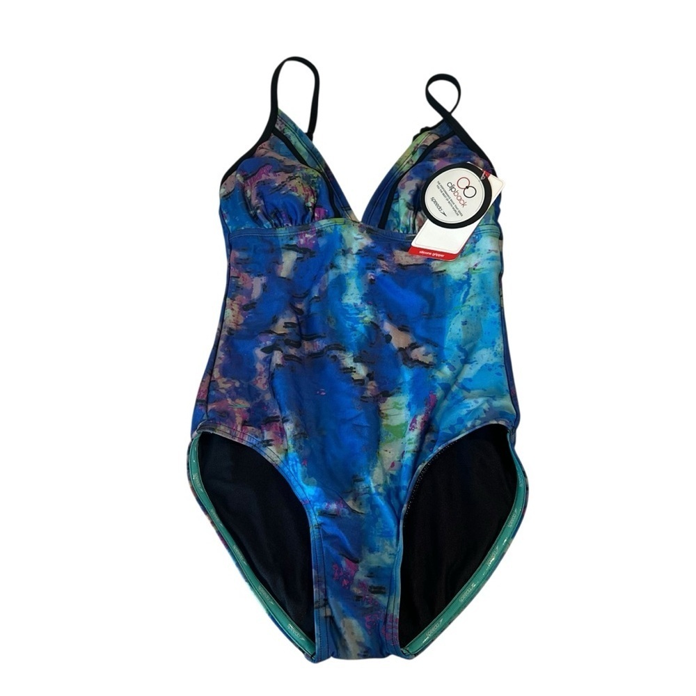 NWT Speedo Print Clip Back Swimsuit Women's sz M Blue.